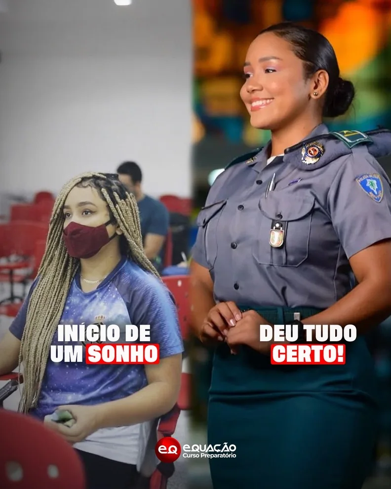 Aluna em sala e depois aprovada na área policial