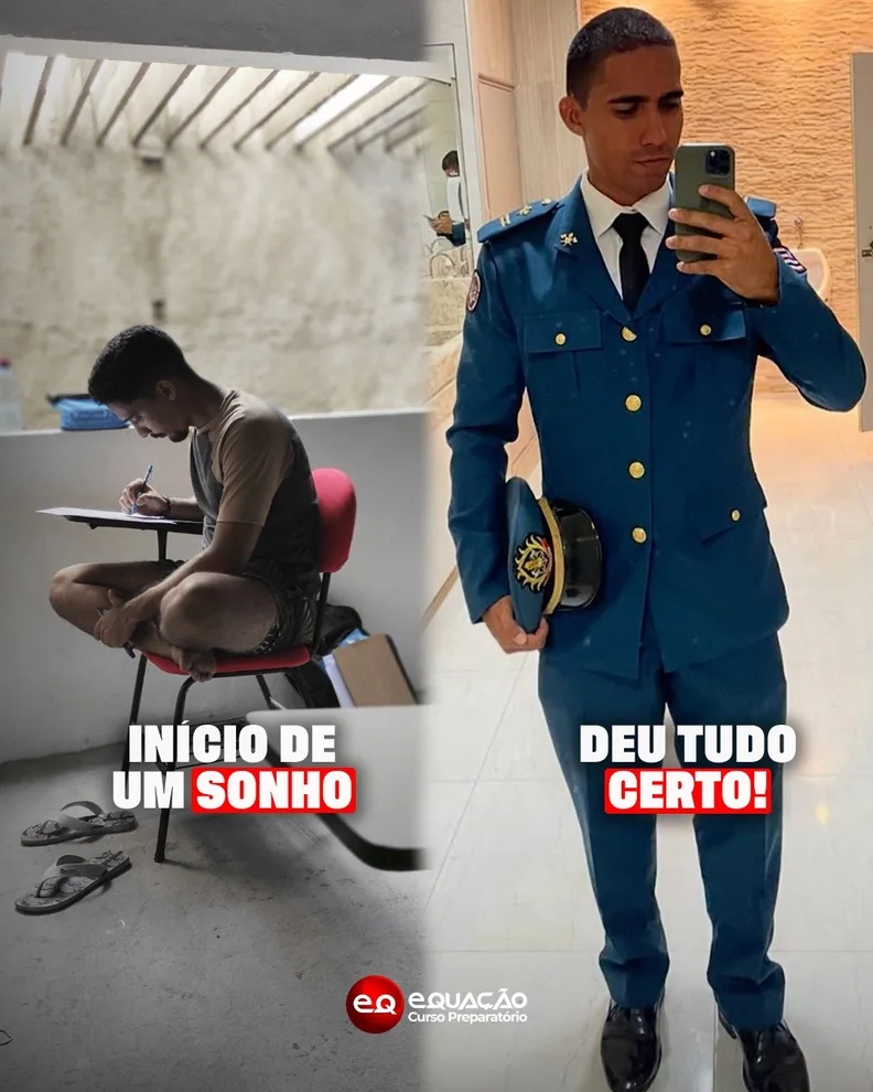 Aluno estudando e depois aprovado fardado